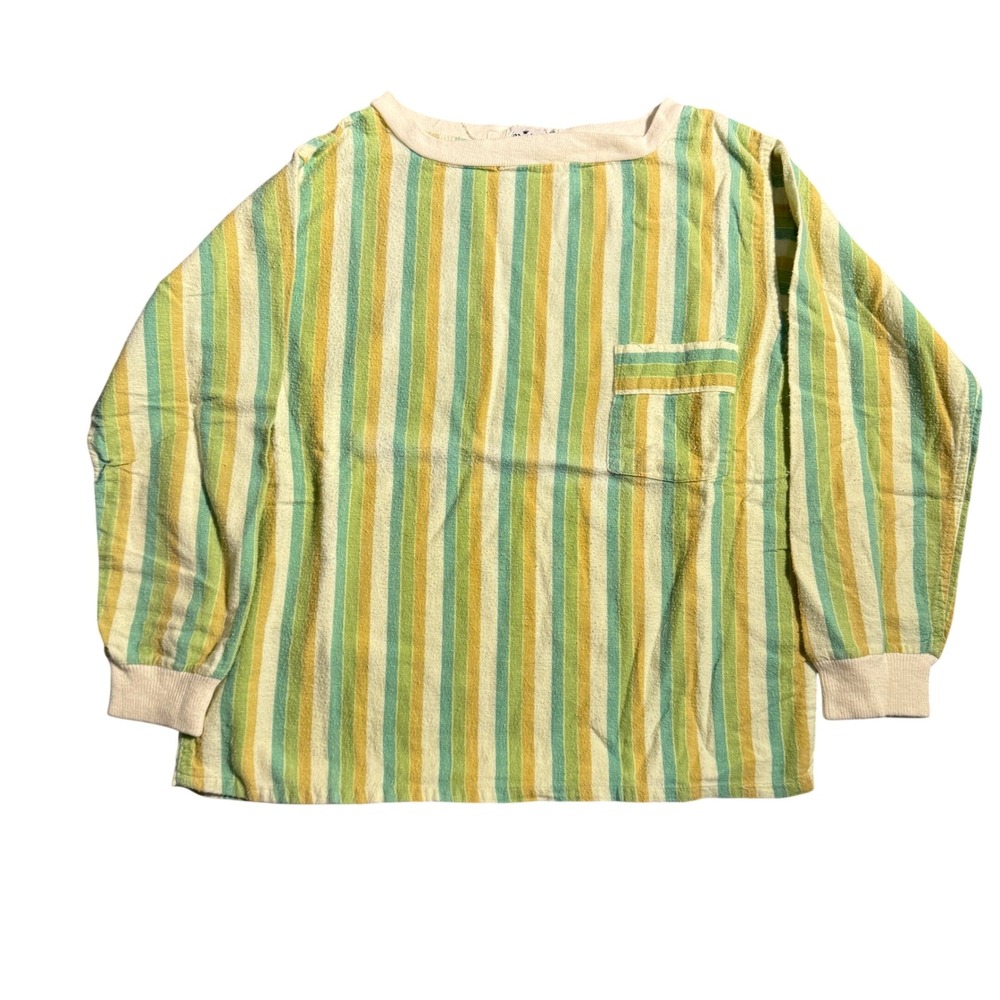 Vintage 60s Marlowe Sanforized Striped Long Sleeve Shirt Green Yellow Cotton
